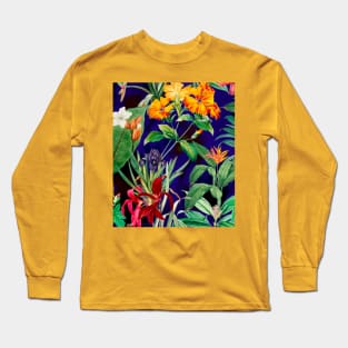 Colorful tropical floral leaves botanical illustration, tropical plants,leaves and flowers, blue leaves pattern Long Sleeve T-Shirt